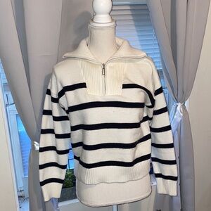 Striped White and Black Quarter-Zip Sweater